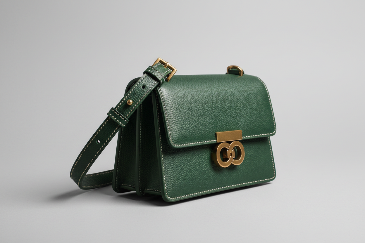 Sculpted Designer Shoulder Bag in Forest Green, side angle view