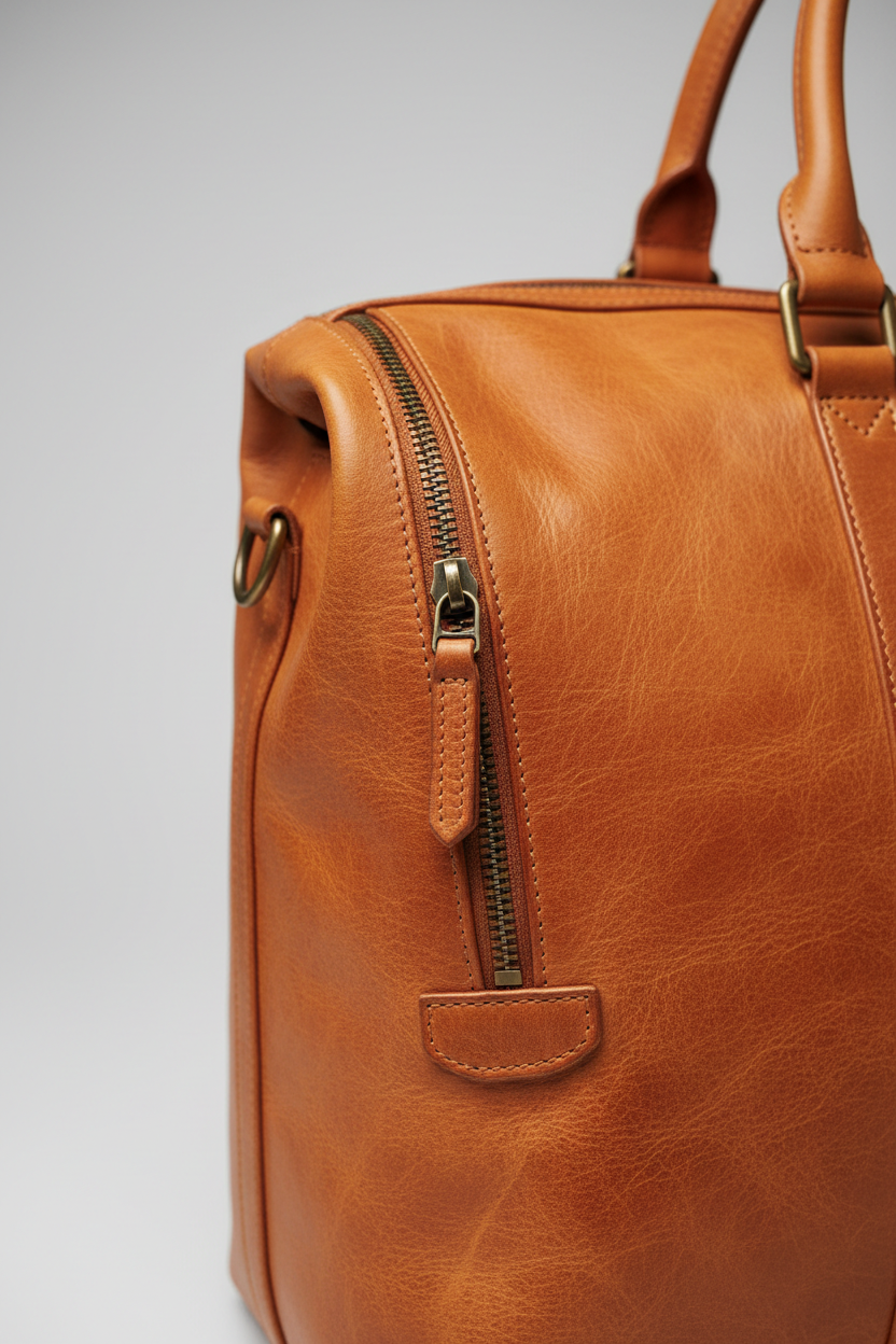 Urban Voyage Weekender in Orange Heritage Travel Leather — zipper detail