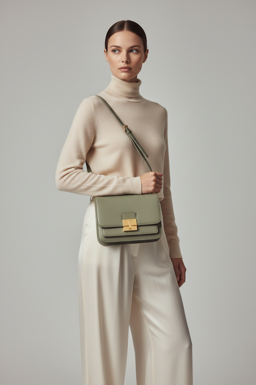 Female model carrying Minimal Luxe Shoulder Bag in Sage Green
