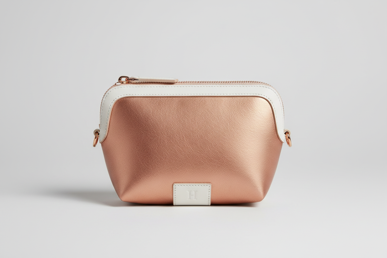 Signature Utility Pouch in Rose Gold and White, front view