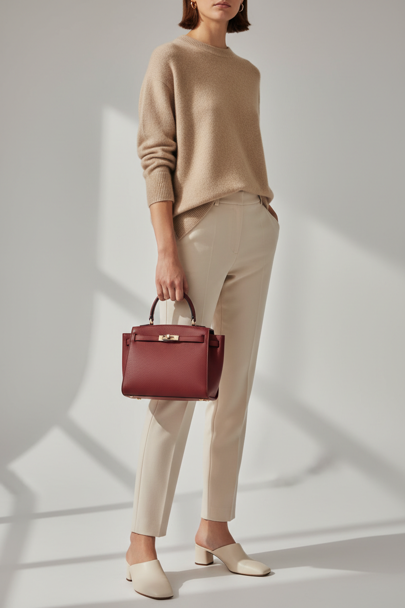 Female model holding Mini Luxe Top-Handle Bag in Deep Wine Red