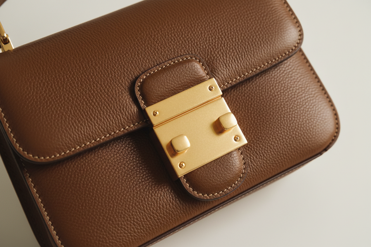 Minimal Luxe Shoulder Bag in Mocha Brown, leather and hardware close-up