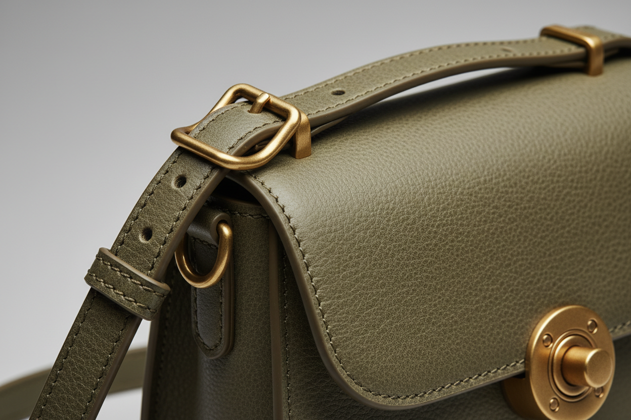 Everyday Mini Crossbody in Olive Dust, strap hardware and leather close-up