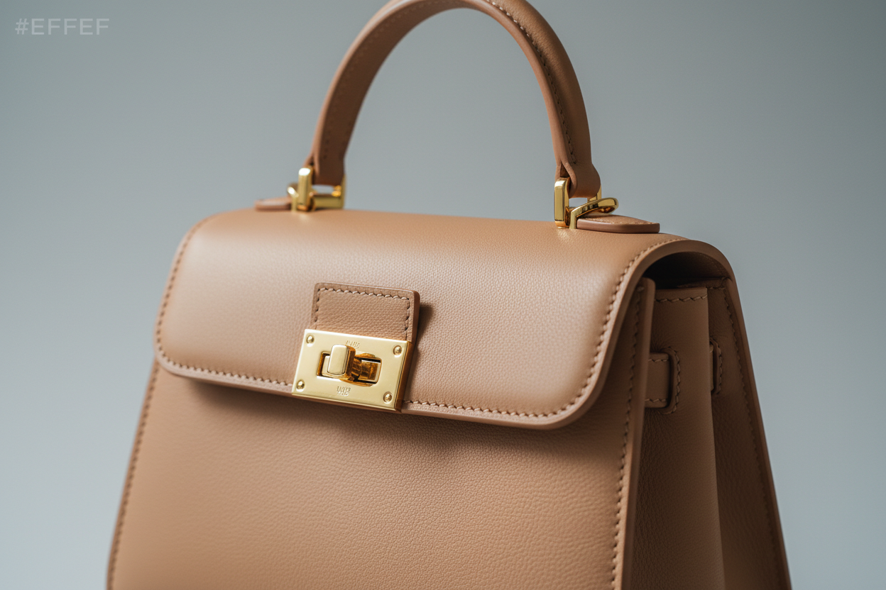 Mini Luxe Top-Handle Bag in Soft Clay Beige, gold hardware and leather close-up