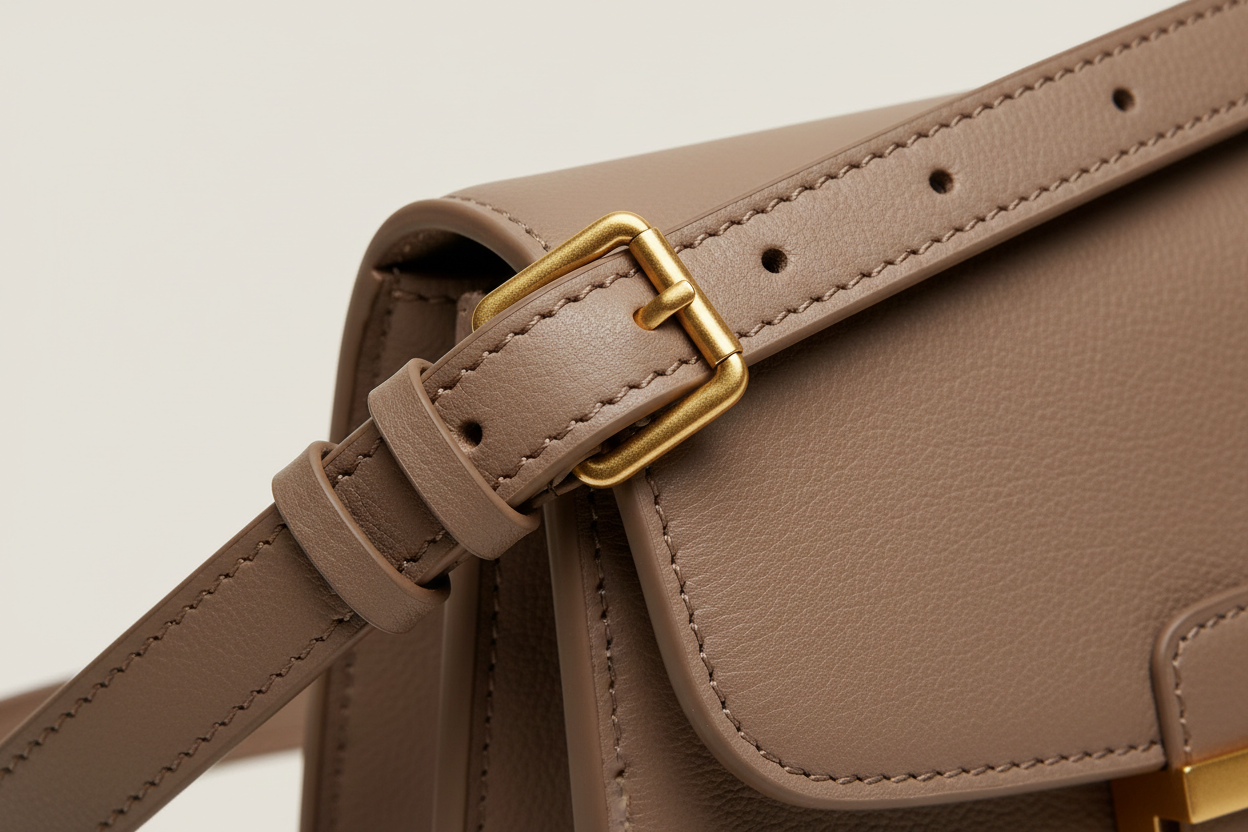 Everyday Mini Crossbody in Soft Taupe, strap hardware and leather close-up