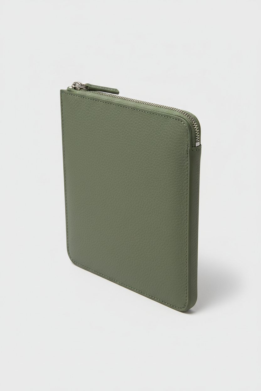Quiet Luxury Tablet Pochette in Sage Timber Green Refined Pebbled Leather – Angled View