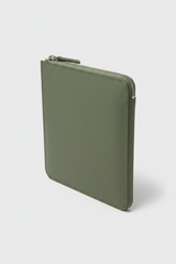 Quiet Luxury Tablet Pochette in Sage Timber Green Refined Pebbled Leather – Angled View