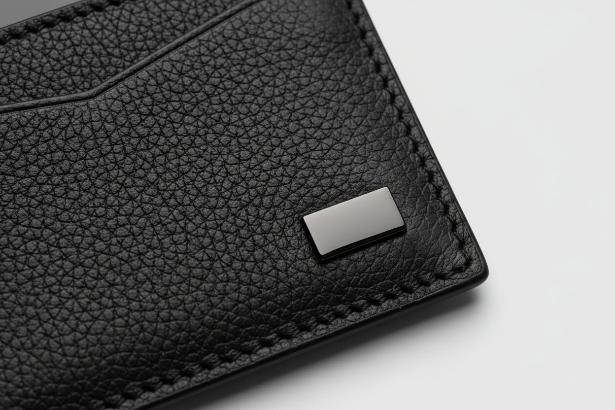 Luxury Essential Card Holder in Velvet Phantom Noir, pebbled leather and hardware close-up