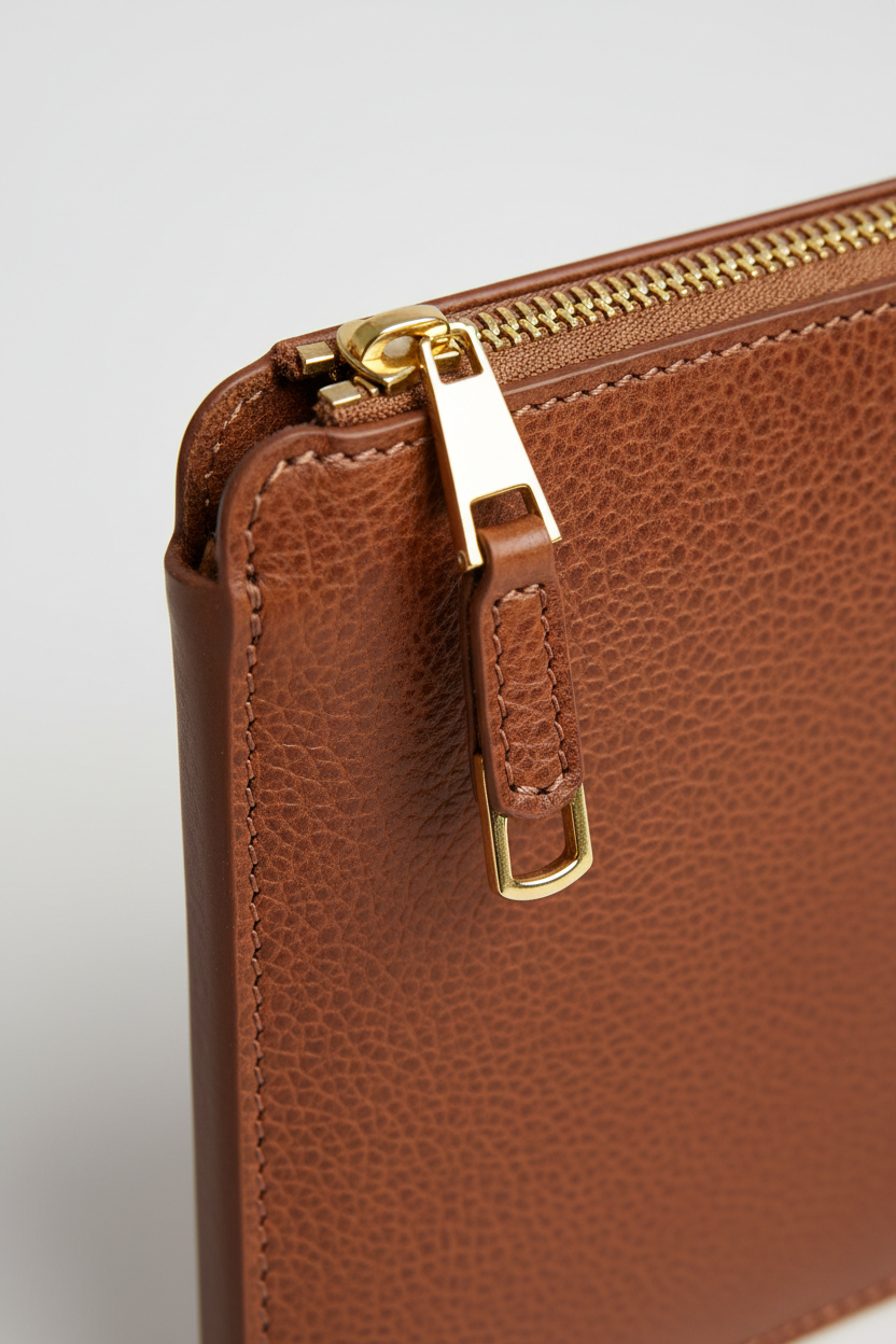 Elite Office Carry Pochette in Claywood Brown Handcrafted Grain Leather – Leather & Zipper Detail