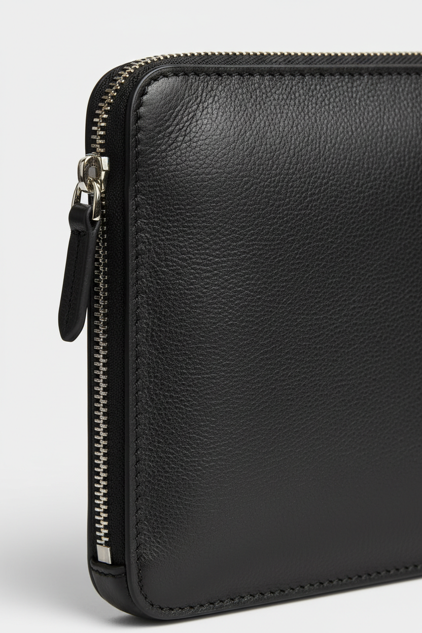 Quiet Luxury Tablet Pochette in Velvet Eclipse Black Premium Soft Grain Leather – Leather & Zipper Detail