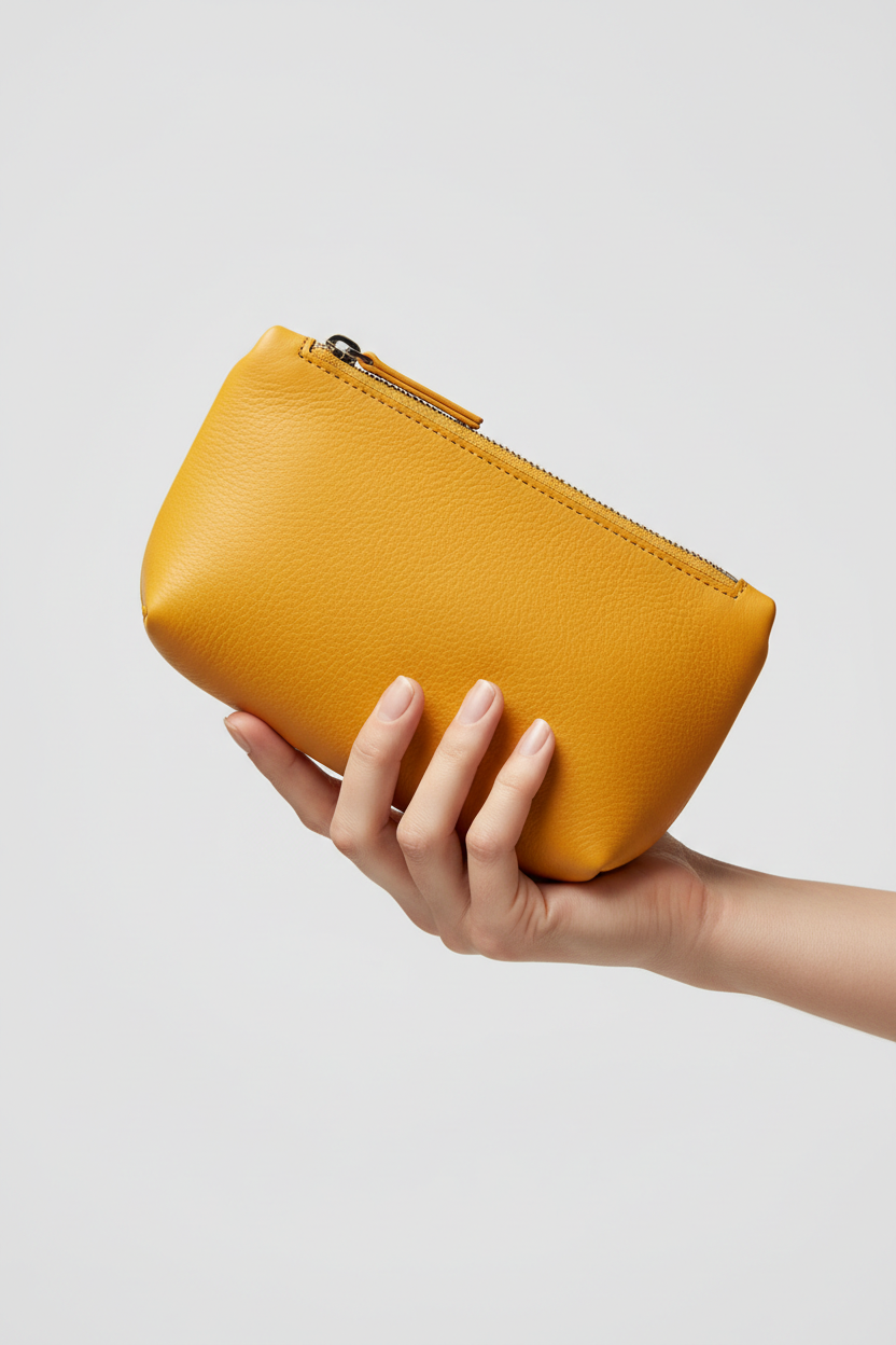 Hand holding Premium Leather Utility Pouch in Yellow