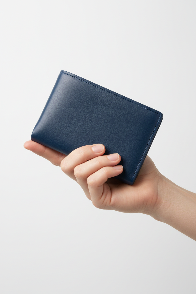 Hand holding Executive Compact Wallet in Blue