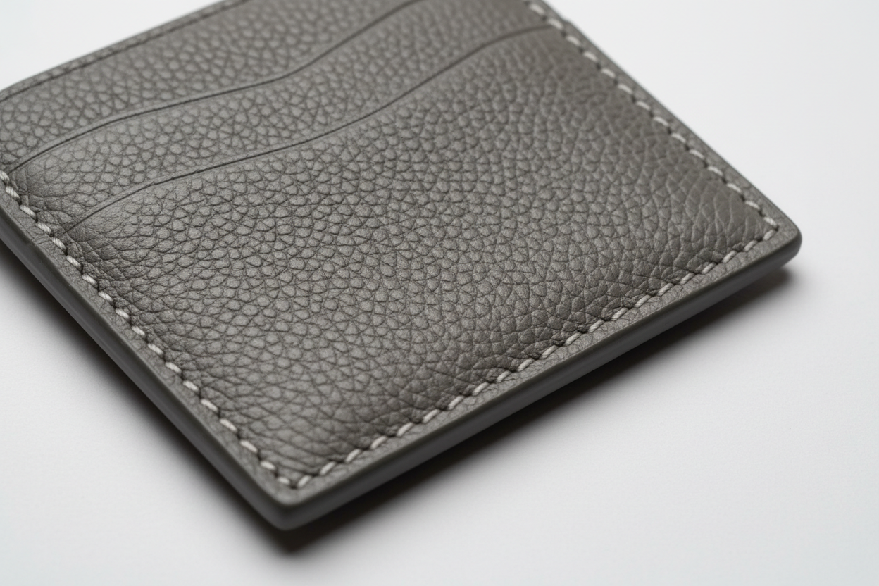 Minimal Card Wallet in Gray, handcrafted grain leather macro close-up