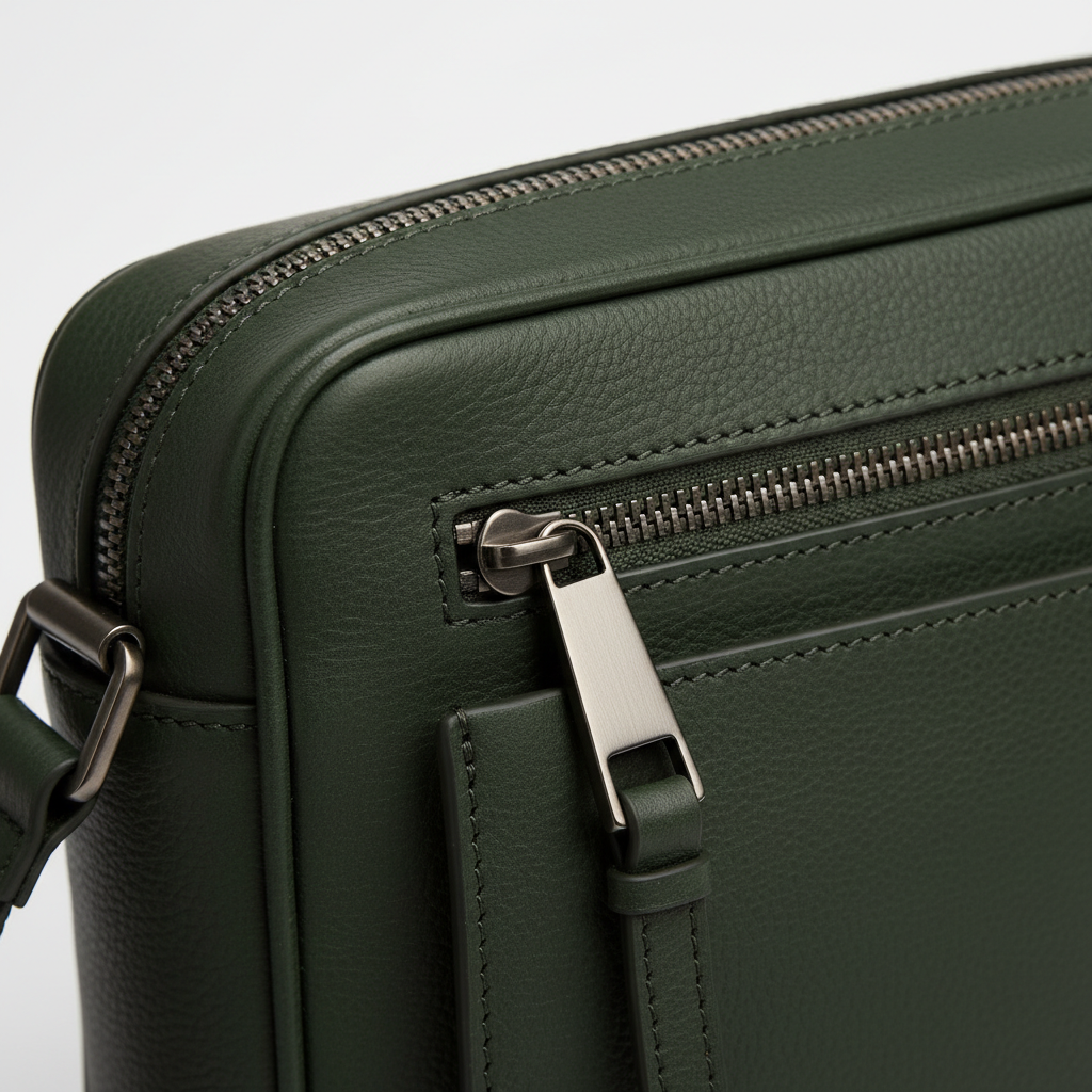 Modern Laptop Messenger Bag in Carbon Moss Green – Leather & Hardware Detail