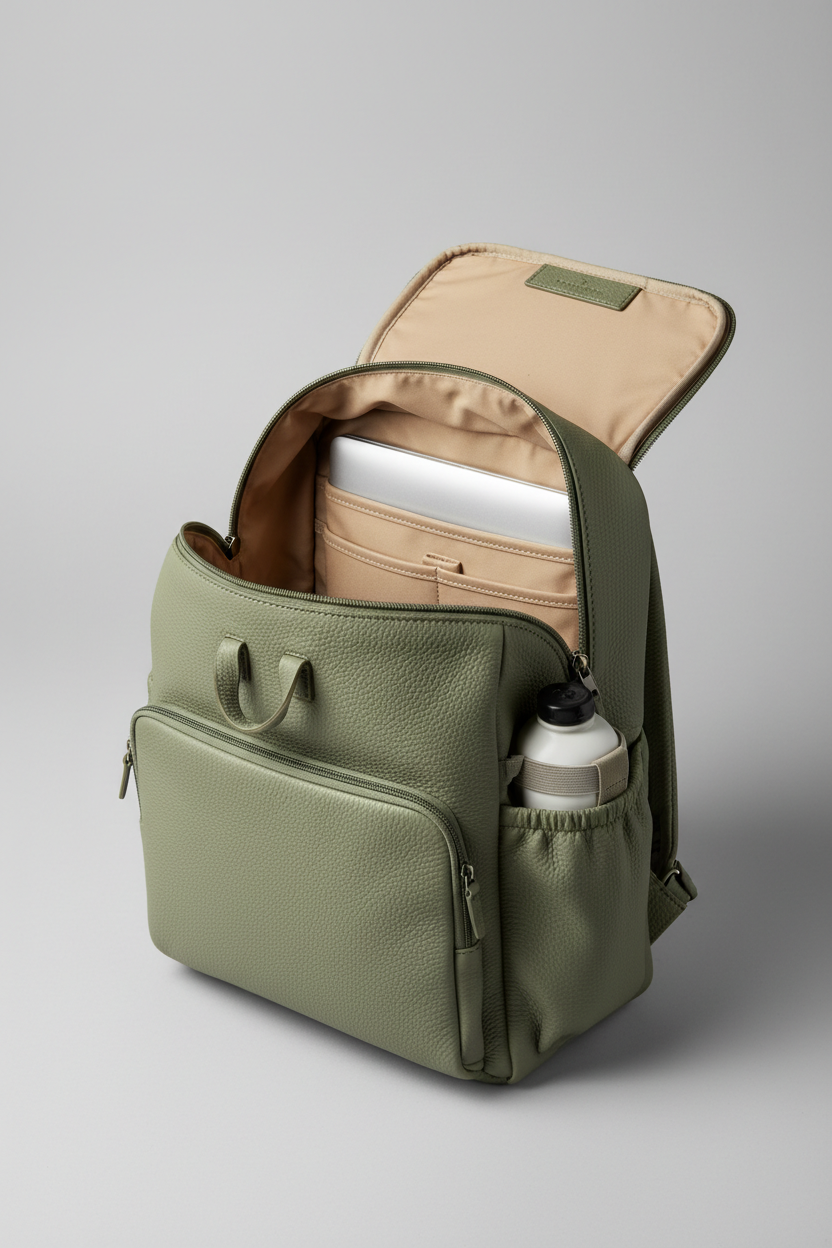 Metropolitan Fashion Backpack in Everwood Sage Green Handcrafted Grain Leather – Interior View