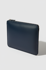 Contemporary Tech Sleeve Pochette in Deep Ocean Indigo Luxe Brushed Leather – Angled View