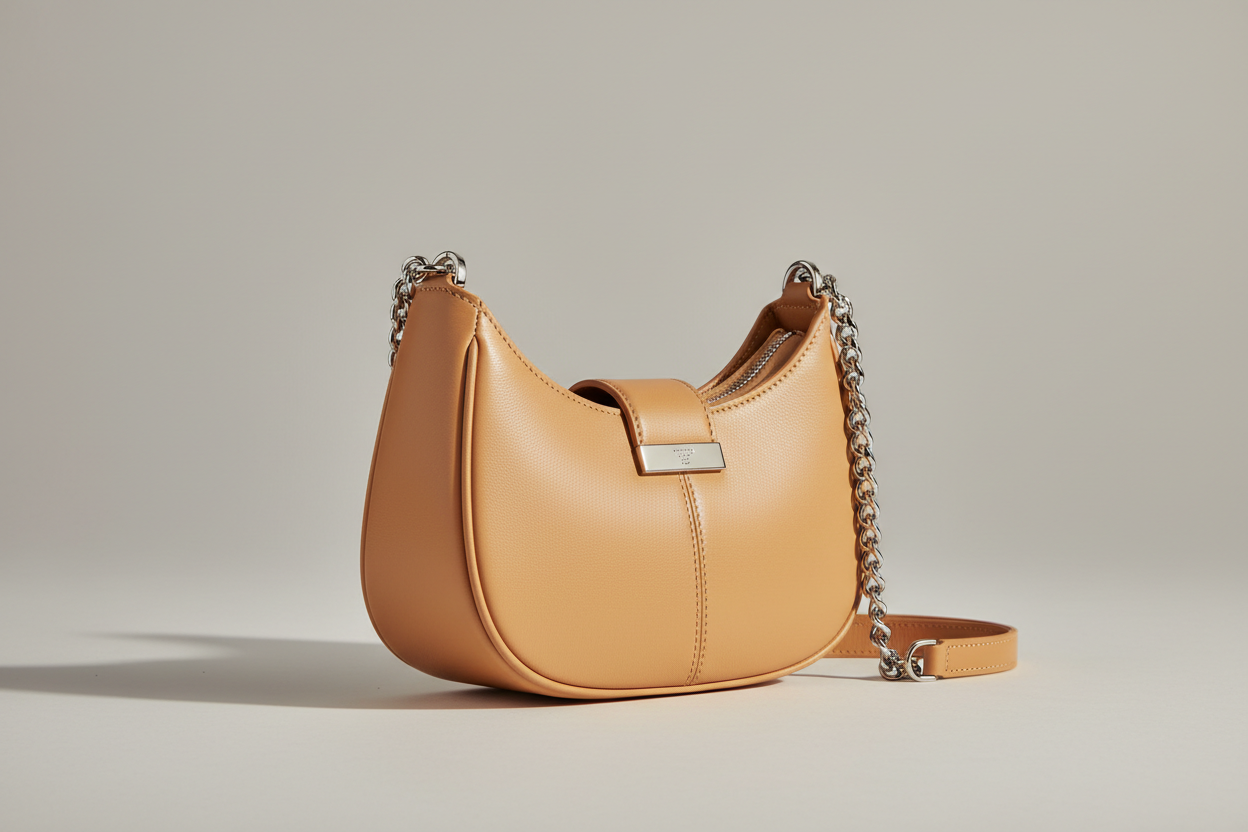 Curved Mini Shoulder Bag in Warm Sandstone, side angle view