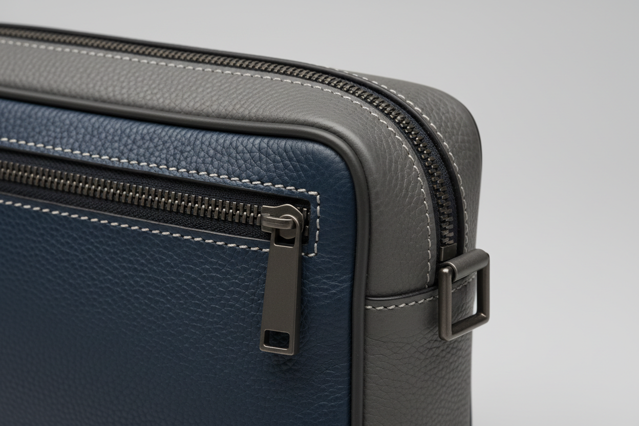 Modern Travel Pouch in Blue and Gray, structured leather and hardware macro close-up