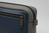 Modern Travel Pouch in Blue and Gray, structured leather and hardware macro close-up