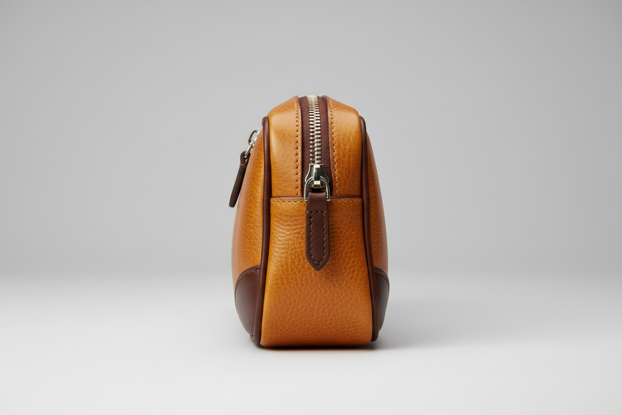 Signature Utility Pouch in Gold and Brown, side angle view