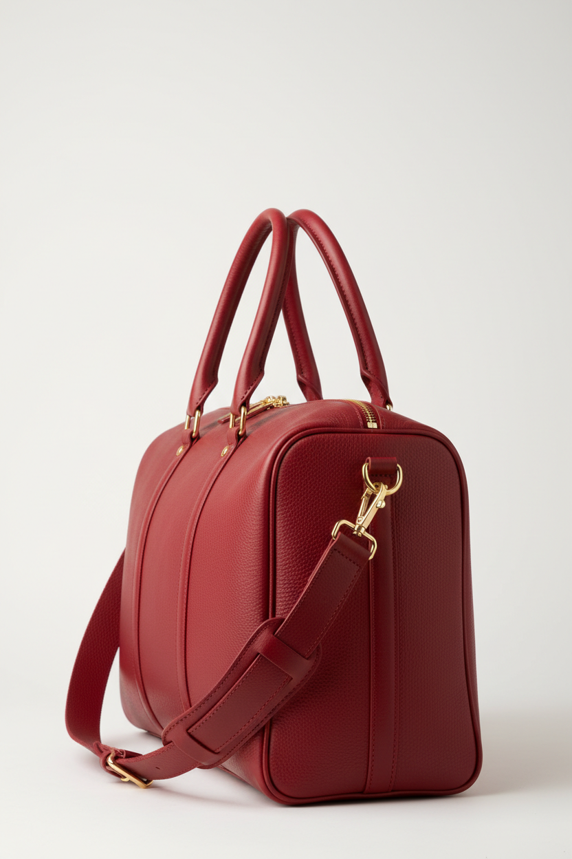 Urban Voyage Weekender in Red Premium Soft Leather — side angle strap