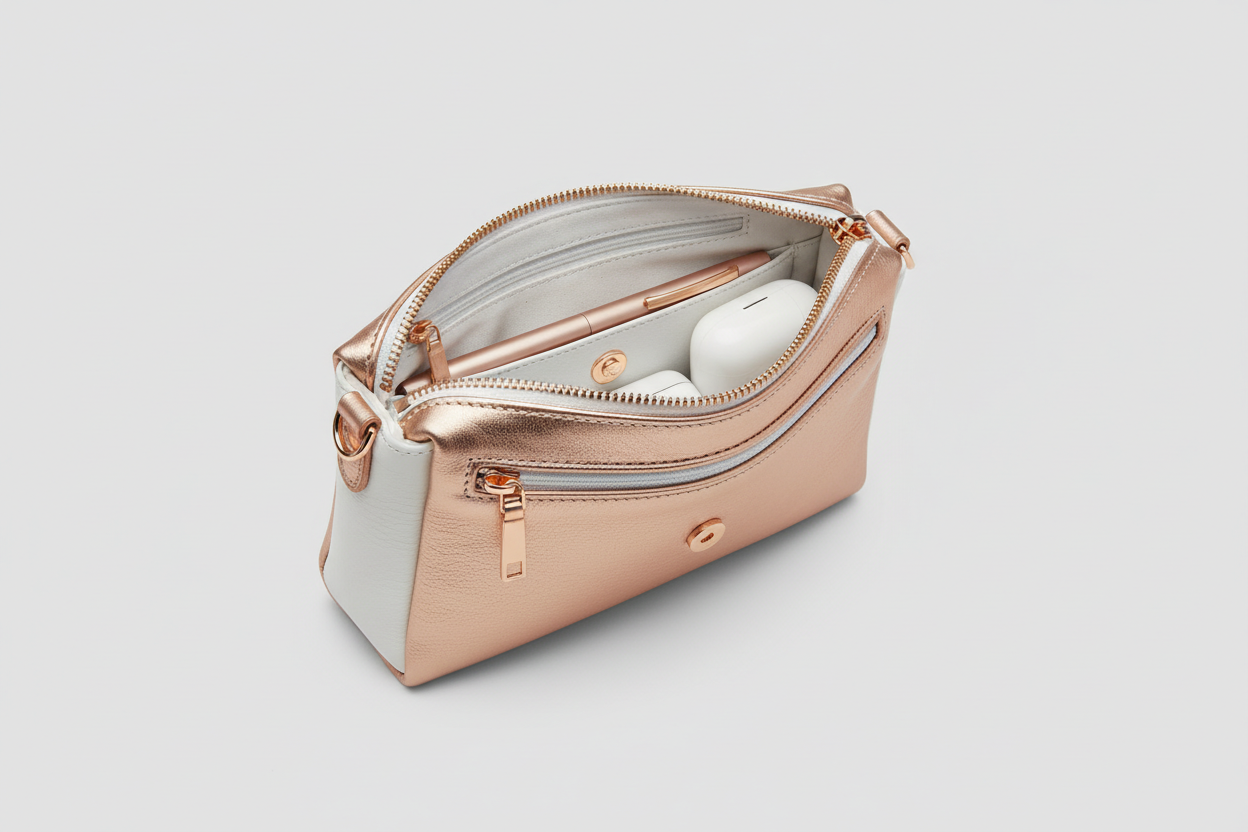 Signature Utility Pouch in Rose Gold and White, open zipper compartment view