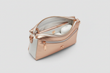 Signature Utility Pouch in Rose Gold and White, open zipper compartment view