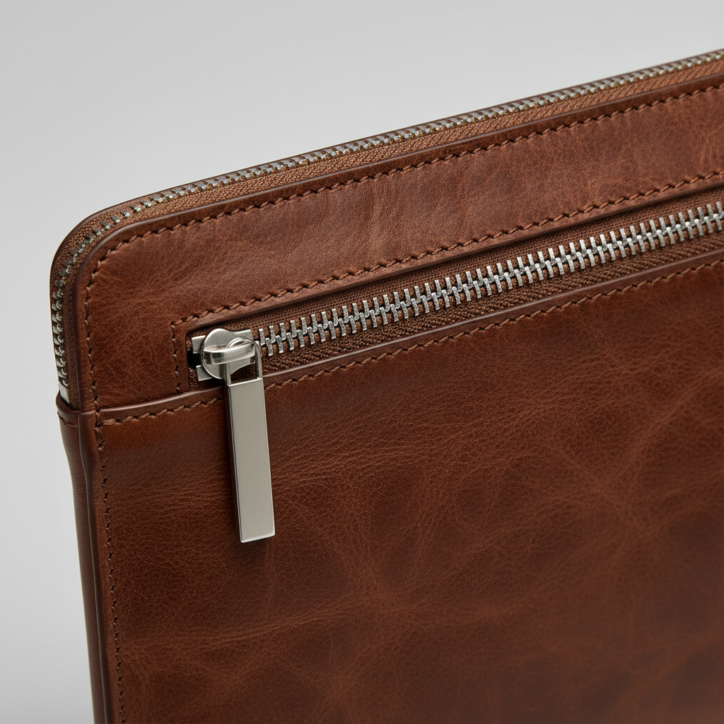 Premium Zip Work Portfolio in Mocha Dust Brown Natural Grain Leather – Leather & Zipper Detail