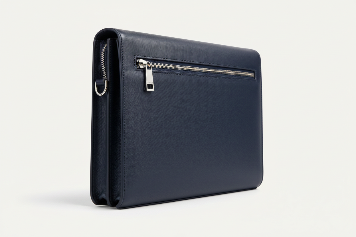 Executive Slim Briefcase in Navy Executive Blue – Side Angle