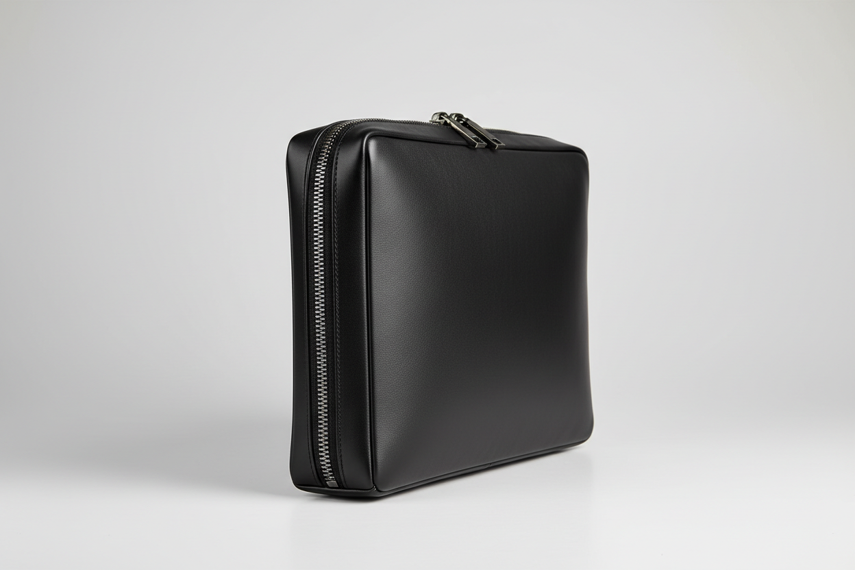 Premium Zip Work Portfolio in Onyx Steel Black Smooth Executive Leather – Side Angle