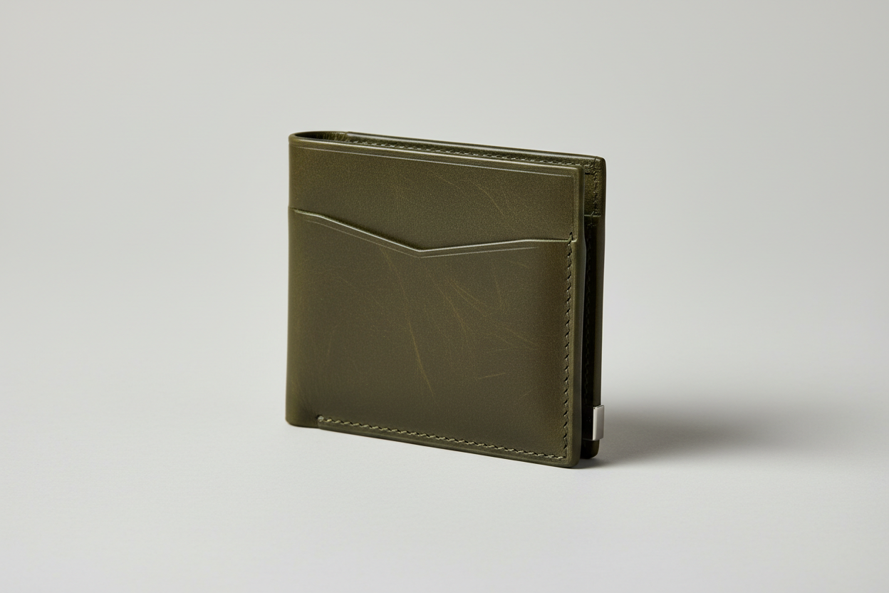 Executive Mini Porte-Cartes in Mosswood Terrain Olive, side angle view