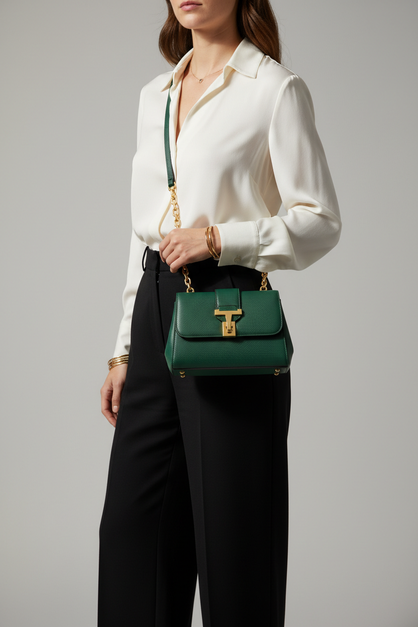 Sculpted Mini Designer Bag in Pine Shadow Green – Female Model