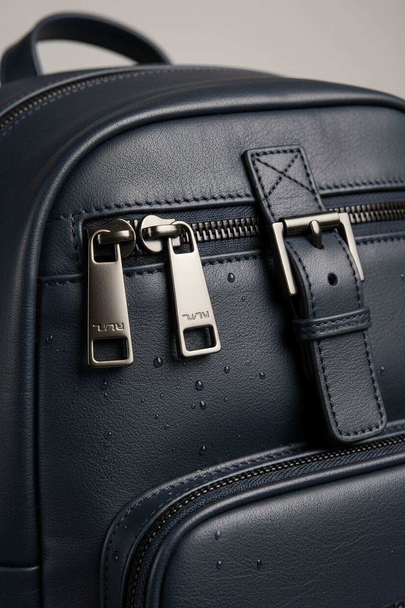 Metropolitan Business Backpack in Midnight Harbor Navy Water-Resistant Luxe Leather – Leather & Hardware Detail