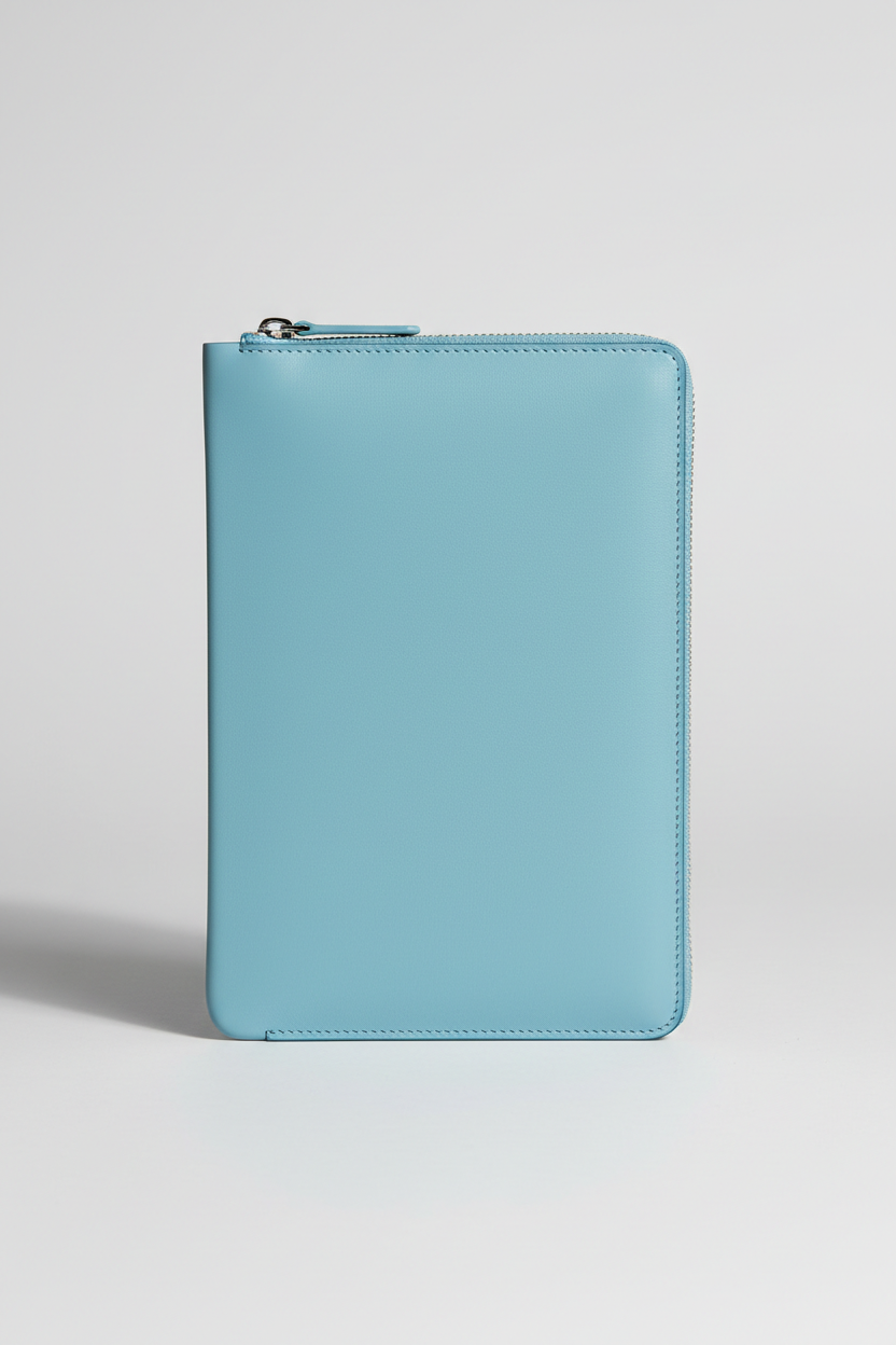 Quiet Luxury Tablet Pochette in Arctic Wave Blue Smooth Milano Leather – Front View