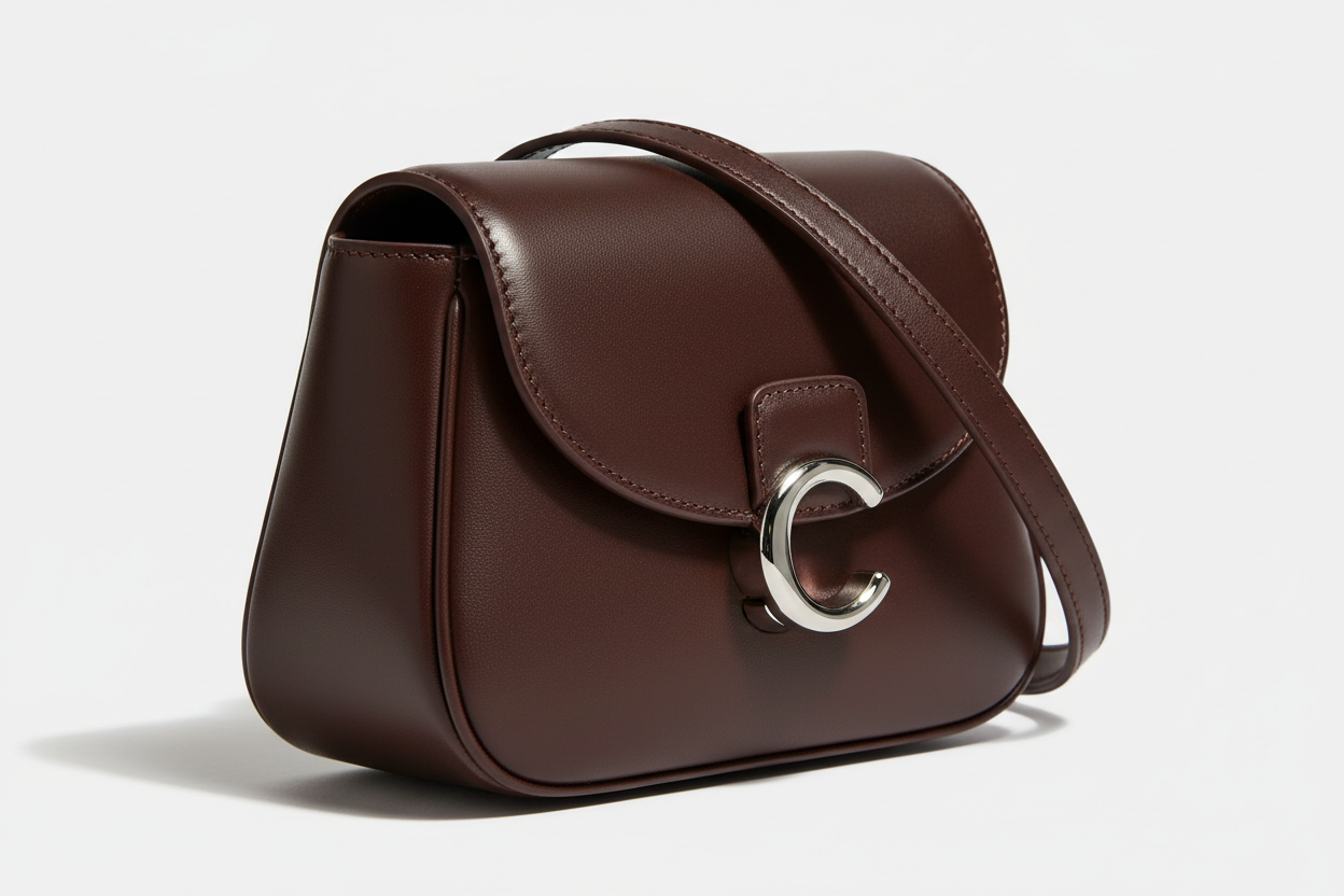 Curved Mini Shoulder Bag in Chocolate Truffle, silver hardware and leather close-up