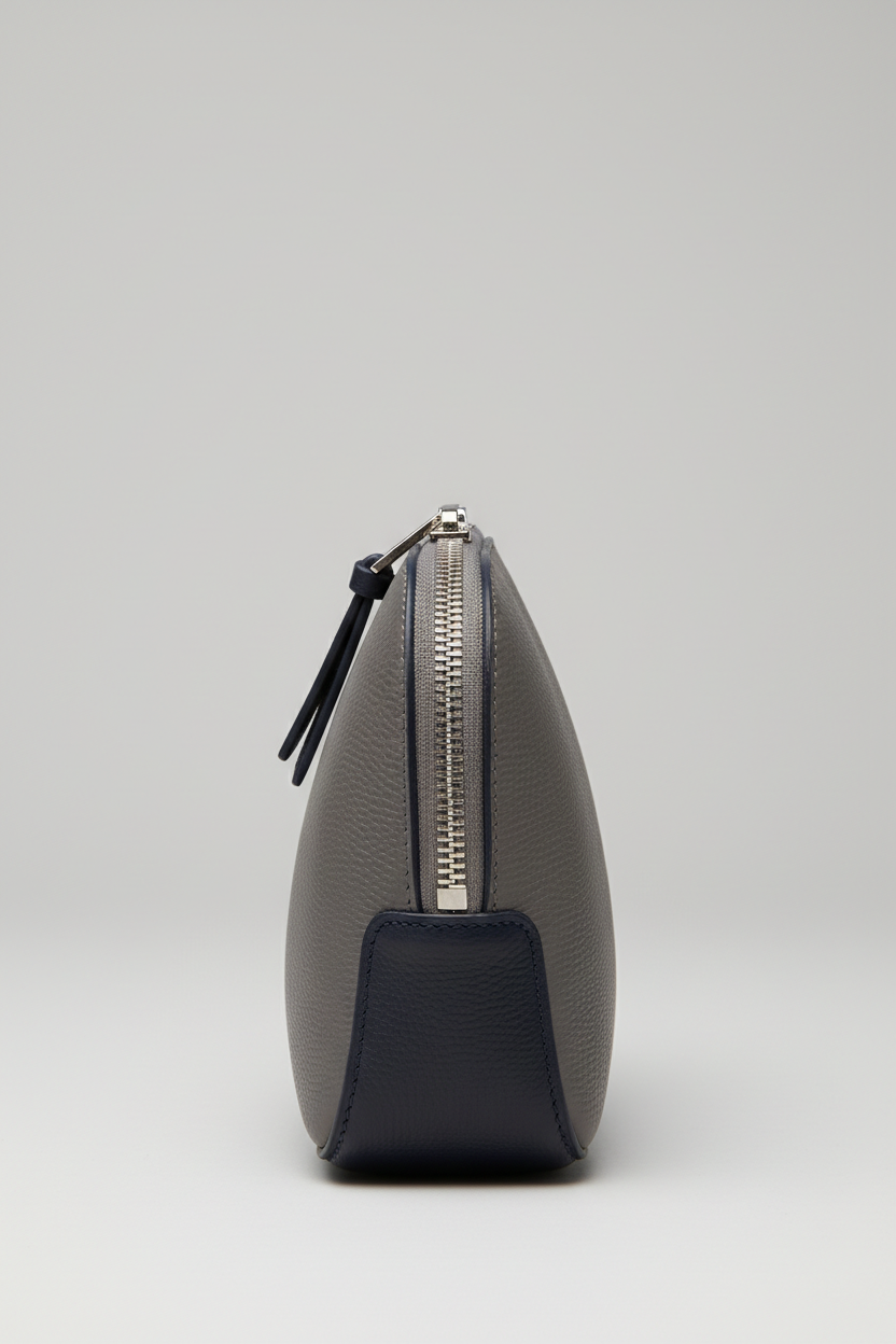 Minimal Luxe Pouch in Gray and Navy, front portrait view