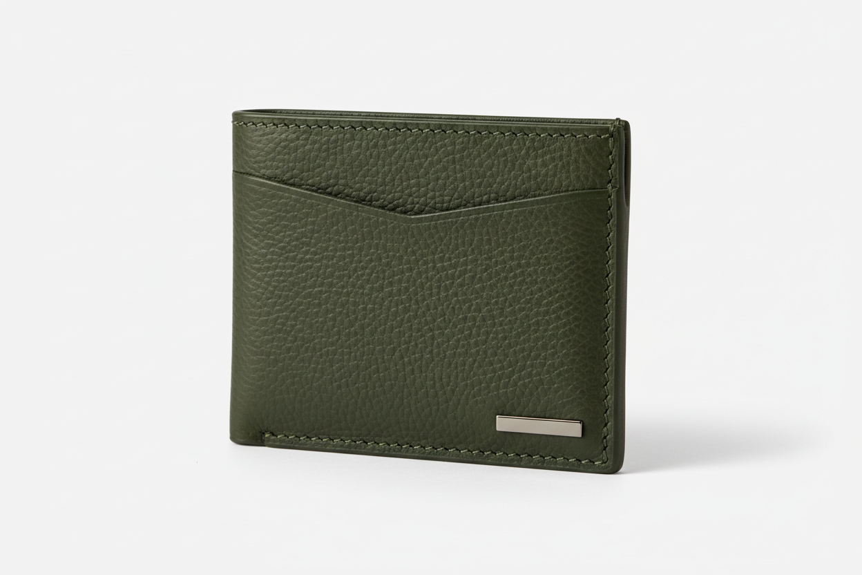 Luxury Essential Card Holder in Evergreen Timber Moss, side angle view