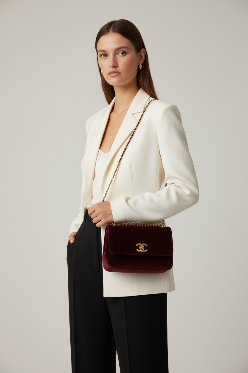 Contemporary Mini Flap Bag in Velvet Noir Burgundy – Female Model