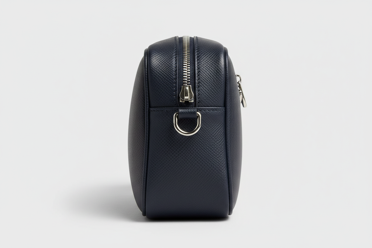 Modern Travel Pouch in Navy and Silver, side angle view