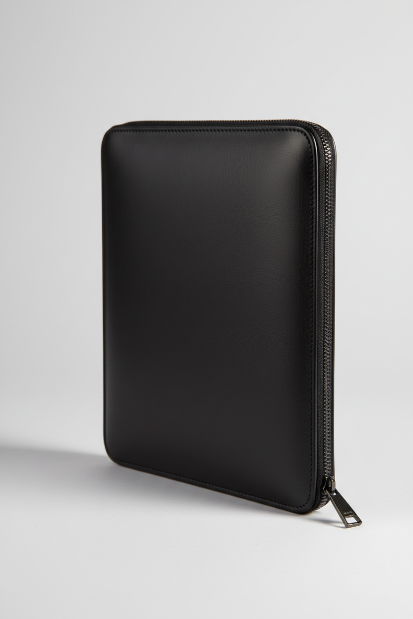 Executive iPad Pochette in Midnight Carbon Black Smooth Executive Leather – Angled View