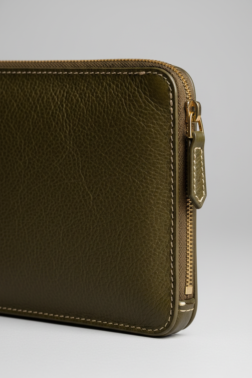 Executive iPad Pochette in Forest Timber Olive Heritage Grain Leather – Leather & Zipper Detail