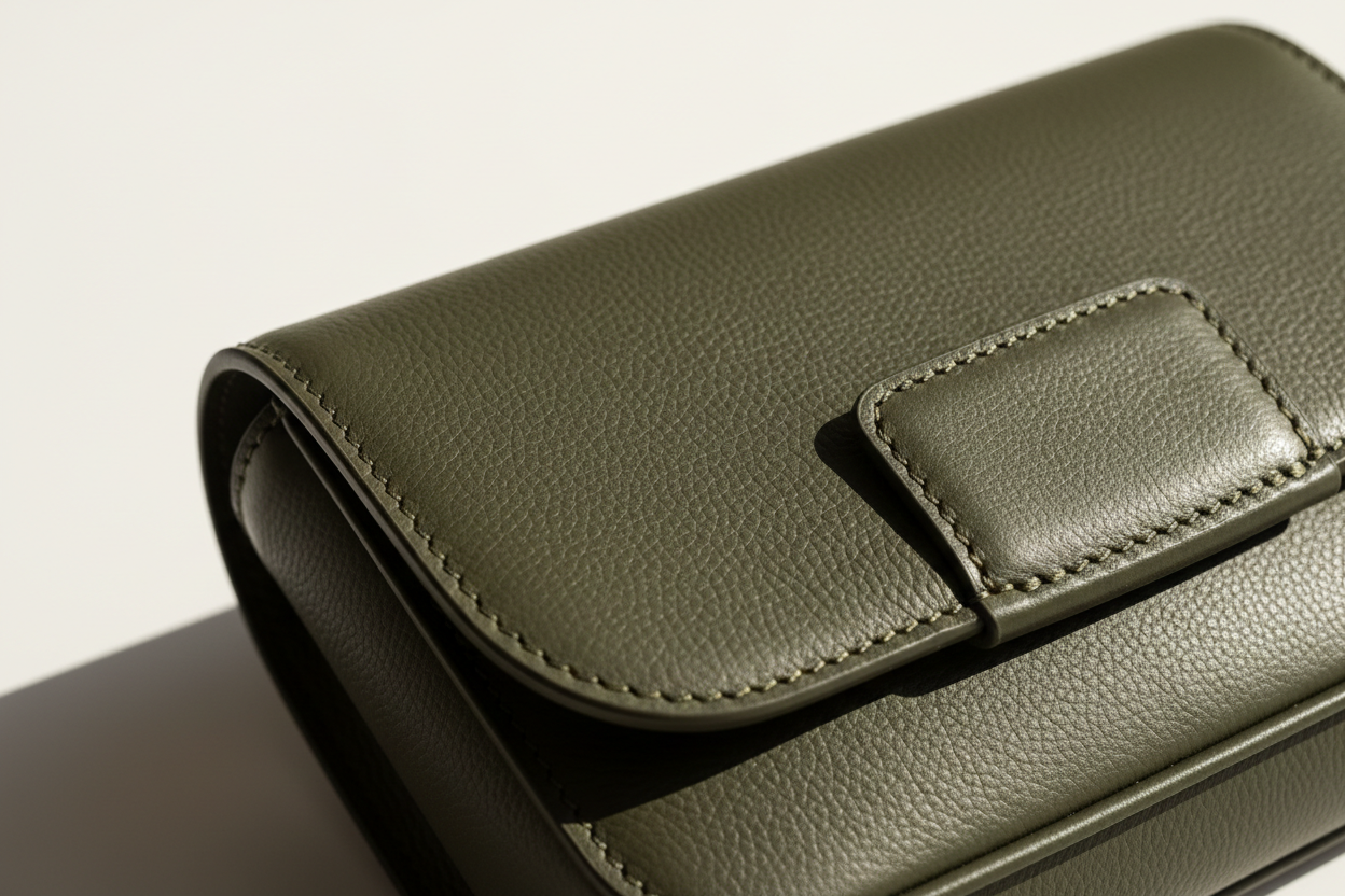 Modern Everyday Shoulder Bag in Matte Olive, premium stitching close-up