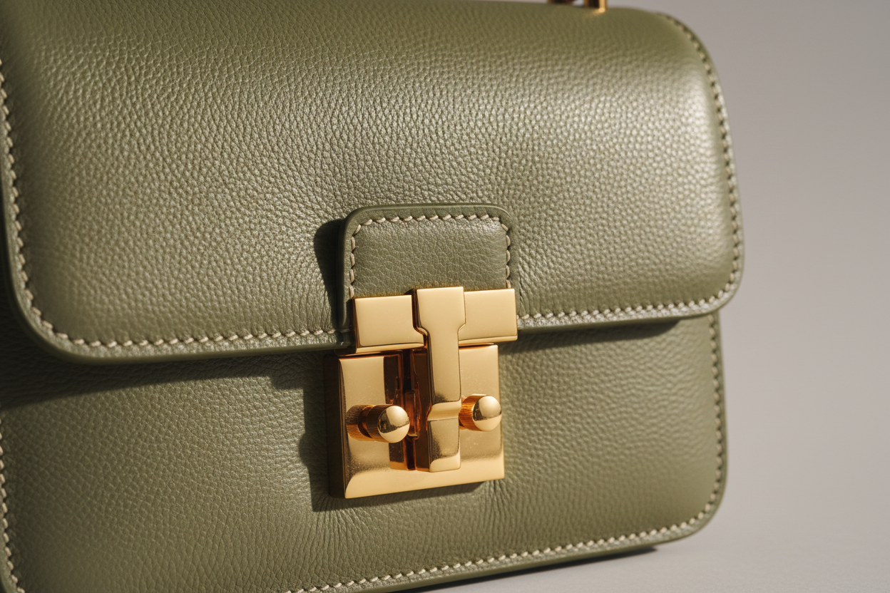 Minimal Luxe Shoulder Bag in Sage Green, leather and hardware close-up