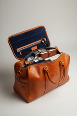 Urban Voyage Weekender in Orange Heritage Travel Leather — open compartment