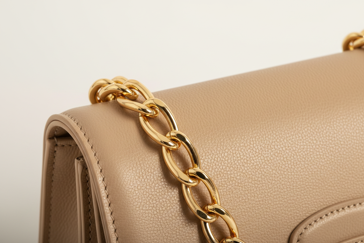 Elegant Chain Shoulder Bag in Champagne Beige, gold chain and leather close-up