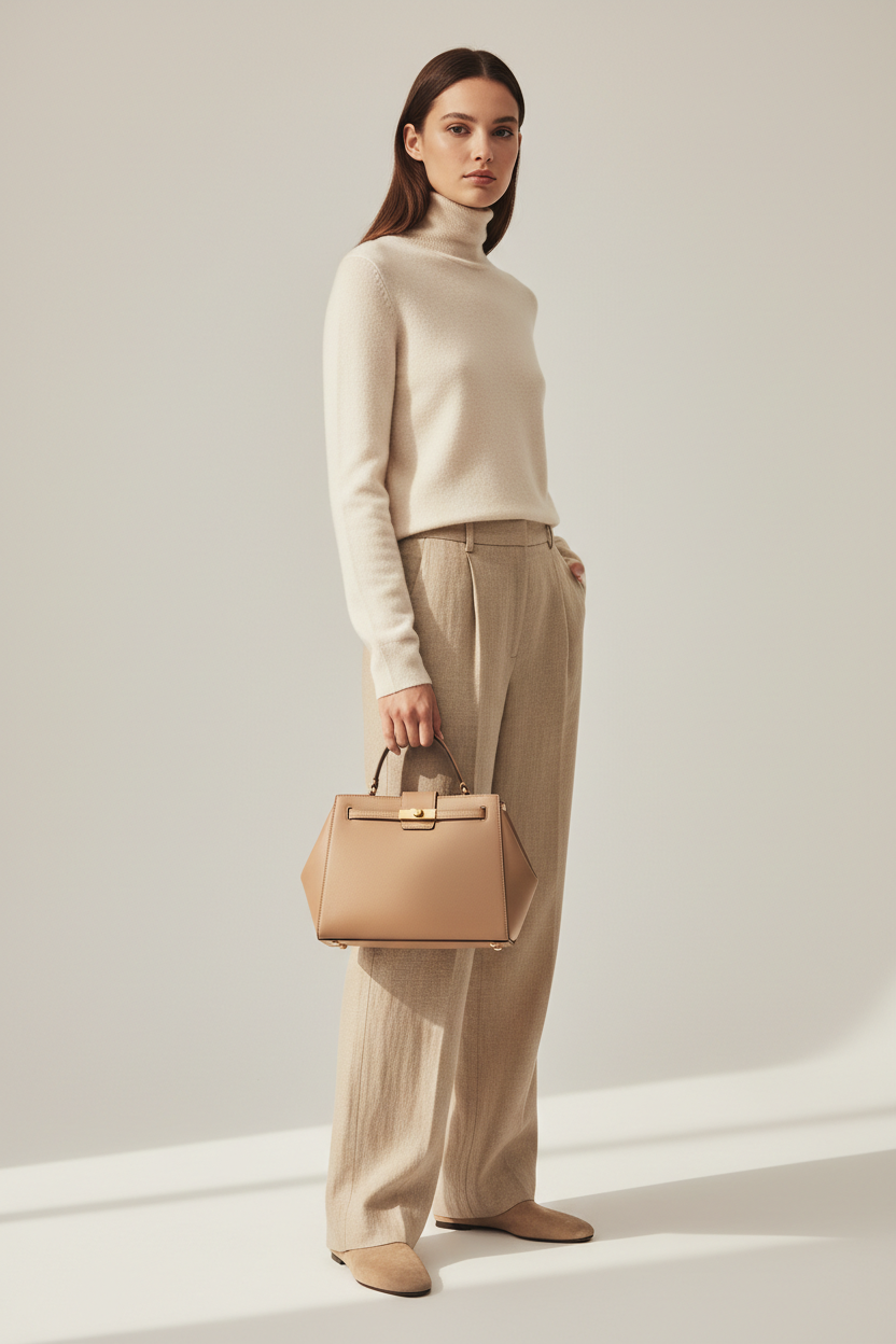 Female model holding Mini Luxe Top-Handle Bag in Soft Clay Beige