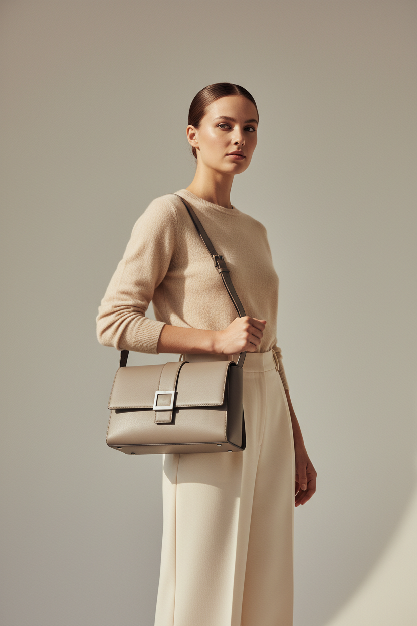 Female model carrying Sculpted Designer Shoulder Bag in Stone Grey