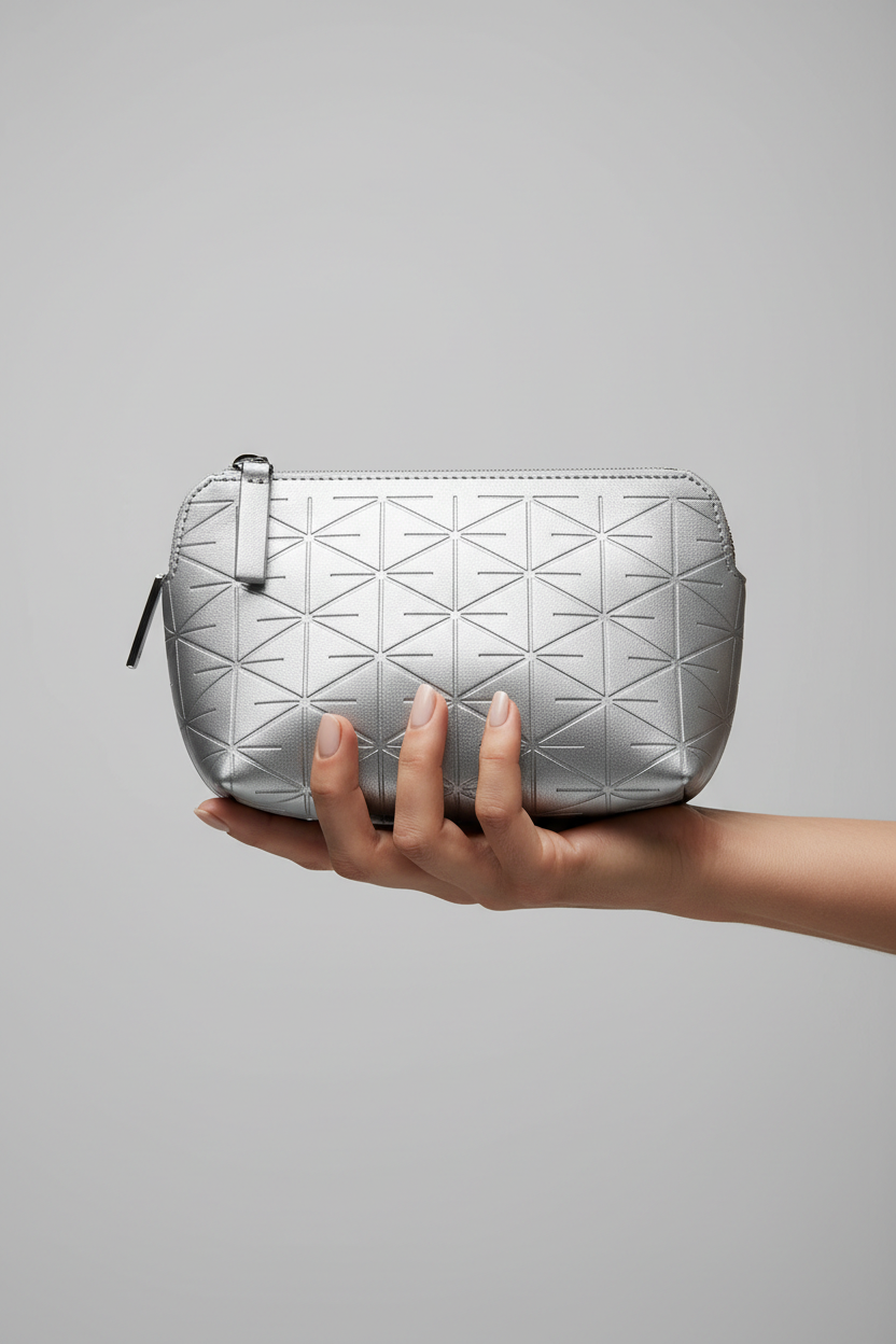 Hand holding Minimal Luxe Pouch in Geometric and Silver, portrait view