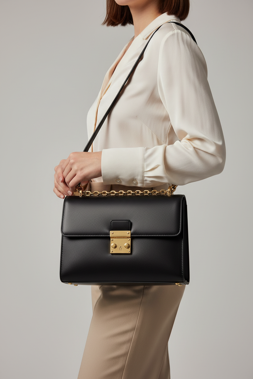 Female model carrying Classic City Shoulder Bag in Matte Black