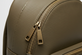 Contemporary City Backpack in Olive Dust Moss, leather and zipper close-up